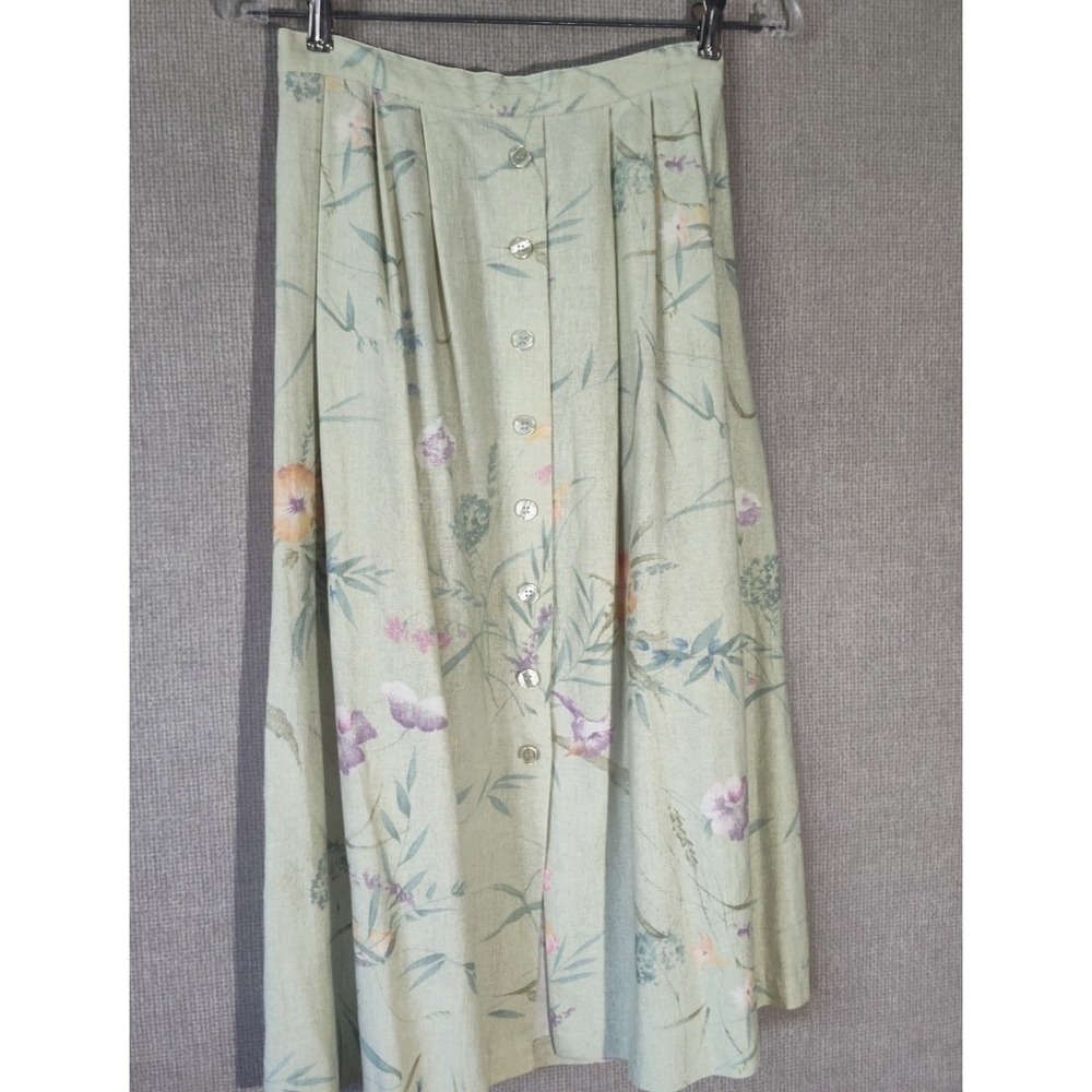 Alfred Dunner Skirt Petite Size 8P Green Floral Linen Blend Vintage Flowers - Picture 2 of 12
